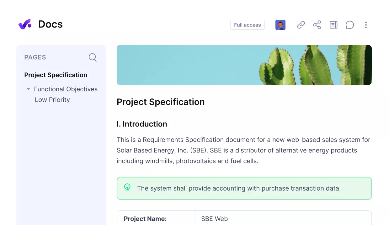 A screenshot of a document within project analyst software titled 'Project Specification', detailing an introduction and objectives for a new web-based sales system for Solar Based Energy, Inc.